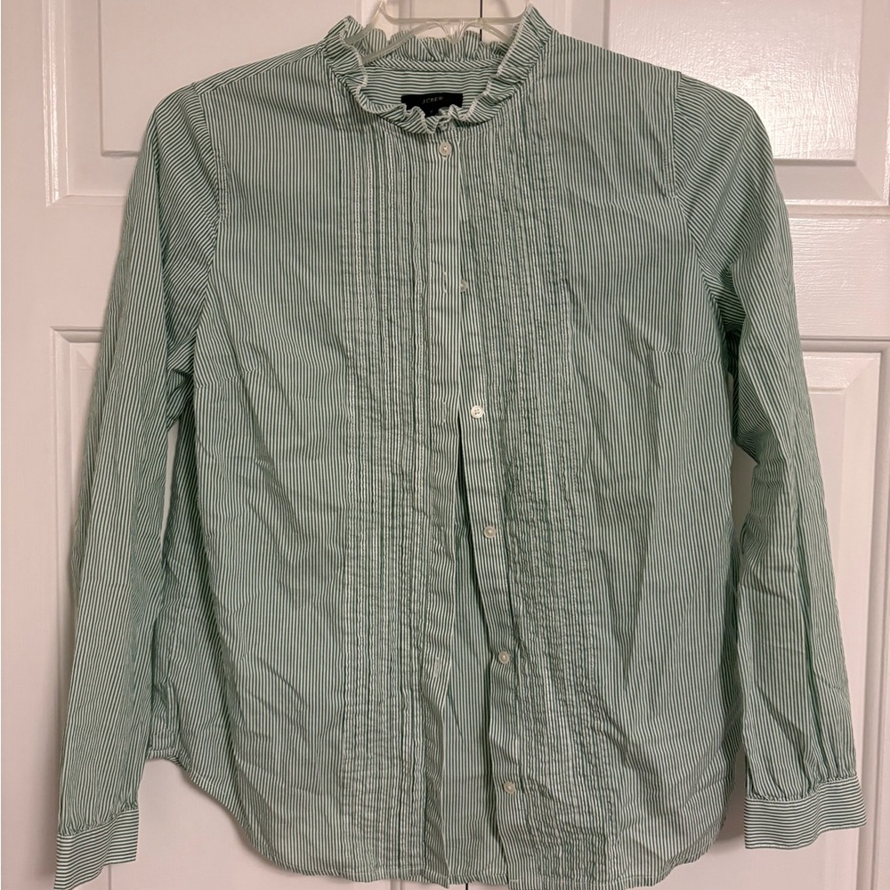 J. Crew Pintuck Striped Button Down with Ruffle Collar